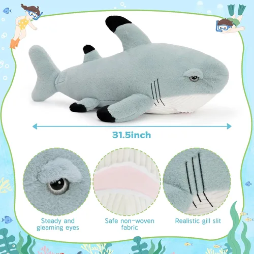 Miniatura 5 de Tezituor Animales de peluche de gran tiburón blanco de 32 pulgadas, almohada grande de peluche de tiburón de 2.6 pies para niñas y niños, juguete