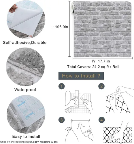 Miniatura 4 de Timeet Papel tapiz de ladrillo gris para despegar y pegar, papel tapiz autoadhesivo de 17.7 x 197 pulgadas, papel de contacto de ladrillo Gris 2