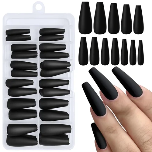 AddFavor 120 uñas postizas negras a presión largas con pegamento y pestañas adhesivas, uñas acrílicas mate de cobertura completa para mujeres y niñas