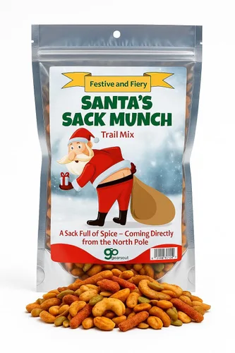 Santa's Sack Munch Spicy Trail Mix - Divertido diseño de Papá Noel de luna - Regalos comestibles para hombres - Mezcla picante, fabricado en los
