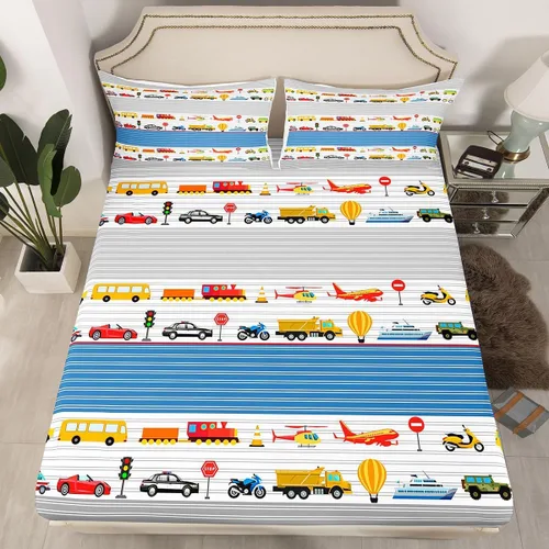 Miniatura 26 de Juego de sábanas bajeras ajustables para niños, diseño de caricaturas, camiones, tamaño individual, juegos de ropa de cama de excavadoras, camiones