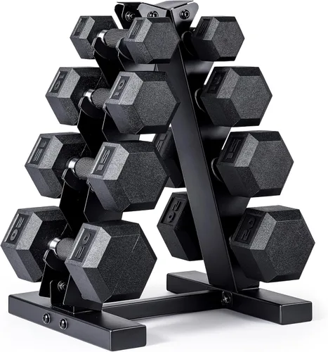 Miniatura 19 de CAP Juego de mancuernas hexagonales con revestimiento de goma con estante de almacenamiento, opciones de 100 a 210 libras, almacenamiento compacto