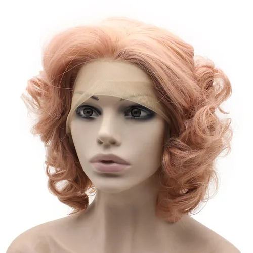 MX angel Pelo sintético rizado corto de la fibra de la peluca rosa del frente del cordón del pelo sintético