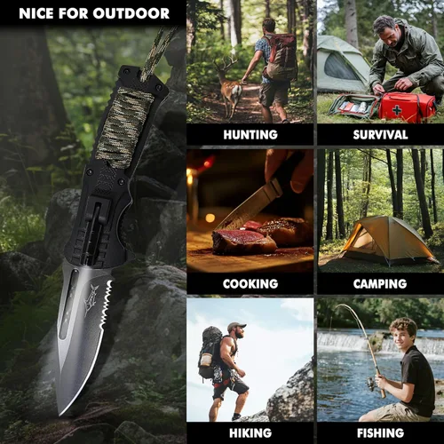 Miniatura 8 de XIPHIAS Damascus XK039DA - Cuchillo de supervivencia 6 en 1, multiherramienta plegable con luz LED, arrancador de fuego, silbato y paracaídas, clip