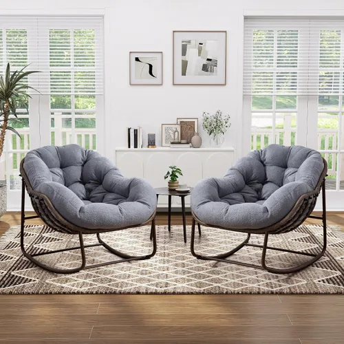 Miniatura 12 de Mecedora de gran tamaño para interiores, cómoda silla mecedora de pana con cojín grueso y marco, silla mecedora grande de mimbre para sala de estar