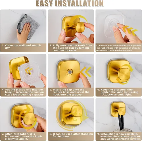 Miniatura 6 de Ganchos de ventosa para ducha, ganchos de baño reutilizables para toallas, batas y lufa, montaje sin taladro en cocina, paredes, metal, vidrio, Oro