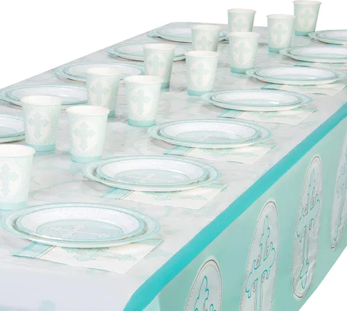 Miniatura 5 de ROYAL BLUEBONNET Mantel de bautismo azul – Juego de 2 decoraciones de fiesta de bautismo para niños, mantel de Pascua de plástico para mesa de 6 u 8