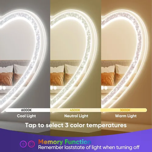 Miniatura 8 de Espejo en forma de corazón de 24"x24", espejo de diamante aplastado, espejo de tocador LED RGBWY con luces, 3 modos de iluminación y 7