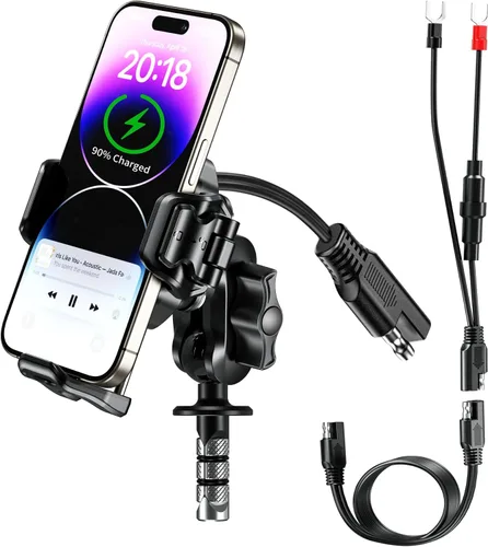 BRCOVAN Soporte para teléfono con vástago de horquilla para motocicleta con cargador inalámbrico Qi de 15 W y puerto de carga rápida PD/USB-C de 36
