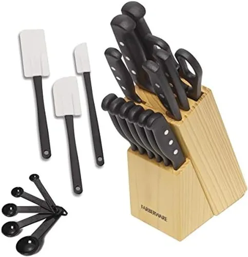 Farberware - Juego de 22 piezas de cuchillos con remache triple que "nunca necesitan afilarse", acero inoxidable de alto carbono, juego de cuchillos