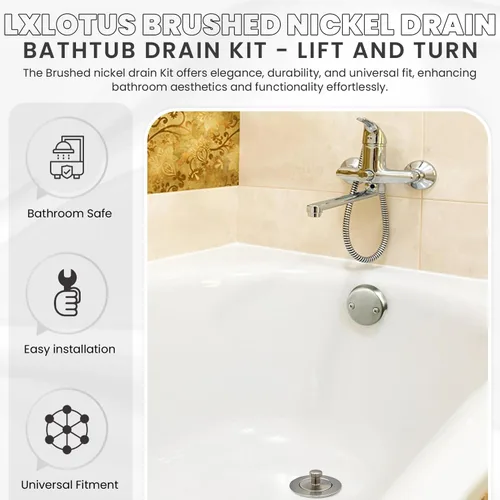 Miniatura 4 de Kit de drenaje de bañera de níquel cepillado, elevación y giro, ajuste universal, kit de repuesto de drenaje de bañera de 1-3/8 pulgadas y 1-1/2
