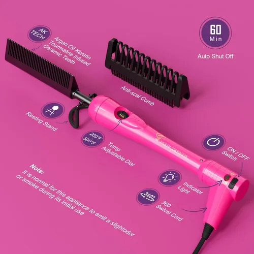 Miniatura 5 de Mini peine caliente rosa de 500 grados, peine de presión eléctrico de doble voltaje para cabello negro, peine alisador de cerámica portátil, enchufe
