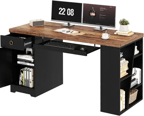 Miniatura 10 de HSH Escritorio para computadora de oficina de 55 pulgadas con cajones, escritorio ejecutivo gris rústico con estantes de almacenamiento y gabinete