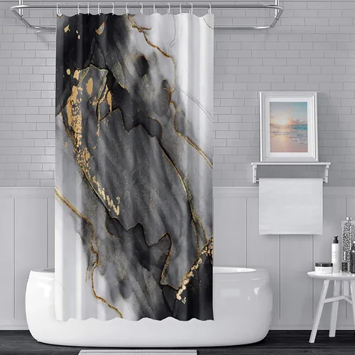 Miniatura 12 de Cortina de ducha de mármol blanco y negro de 36 x 72 pulgadas, tinta de pintura abstracta, textura de arte líquido, líneas agrietadas doradas