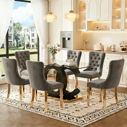 Miniatura 23 de Juego de mesa de comedor de cristal de 63 pulgadas para 6, juego de mesa de comedor moderno para 6, mesa de vidrio templado con patas negras