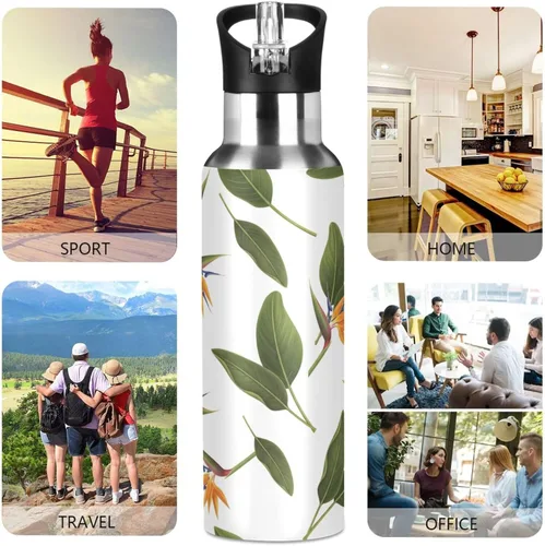 Miniatura 5 de Stainless Steel Vacuum Insulated Water Bottle 20 Oz, BPA-Free Sport Water Bottle for Gym Outdoor Travel School, Orange Flowers Green Leaves
