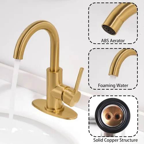 Miniatura 3 de Grifos de Baño Dorados – Grifo de Lavabo de Cascada de Un Solo Agujero con Conjunto de Drenaje, Grifos de Baño de Cascada de Oro Cepillado con Caño
