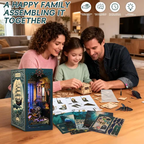Miniatura 4 de Kits de rincón de libro para adultos, rompecabezas 3D misterioso del océano con LED, diorama de naufragio pirata y decoración de conchas marinas