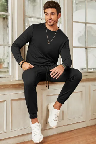 Miniatura 4 de JMIERR Conjunto de 2 piezas para hombre, sudadera de algodón de color liso, sudadera y pantalones deportivos