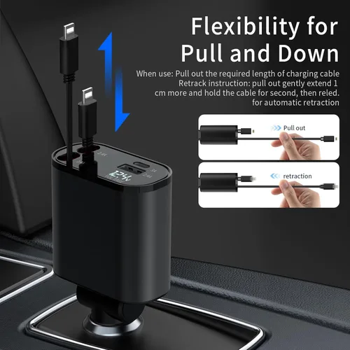 Miniatura 2 de Cargador de coche de carga rápida de 60W para iPhone, cargador de teléfono retráctil 4 en 1, artículos de viaje esenciales, regalos para mujeres