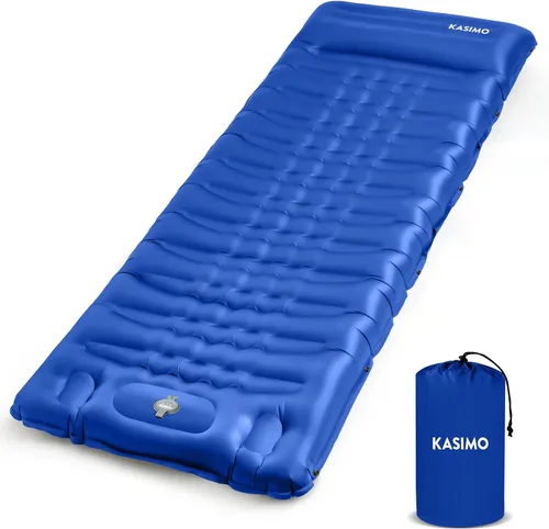 KASIMO Colchoneta de dormir ultra gruesa de 6 pulgadas con almohada y bomba de pie integrada, almohadilla inflable ultraligera para mochileros,
