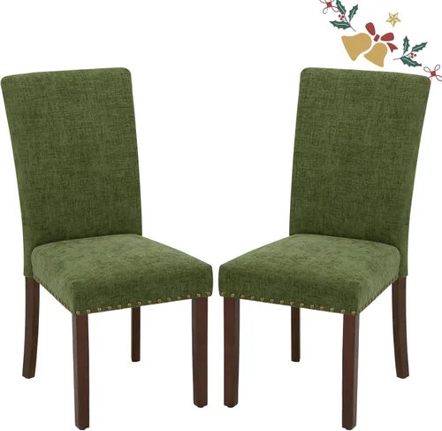 Juego de 2 sillas de comedor Parsons, sillas tapizadas con cabeza de clavo para comedor y cocina con cojines gruesos y patas de madera, verde