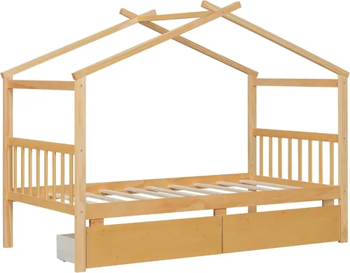 Miniatura 5 de JIVOIT Cama de plataforma de madera con dos cajones, cama de casa tamaño individual con diseño de techo, patas de pino macizo, cabecera y estribo