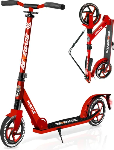 Hurtle Renegade Kick Scooter for Kids, Teenagers & Adults - 2-Wheel Folding Scooter with Adjustable T-Bar Handlebar - Alloy Anti-Slip Deck Rojo