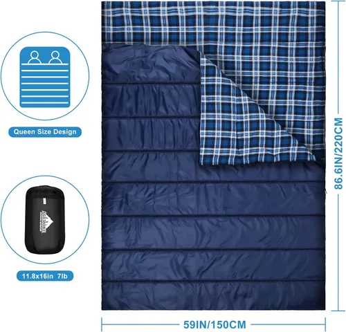 Miniatura 9 de Saco de dormir doble de Agemore de franela de algodón para acampar, hacer mochilero o senderismo. Saco de dormir impermeable de tamaño Queen para 2
