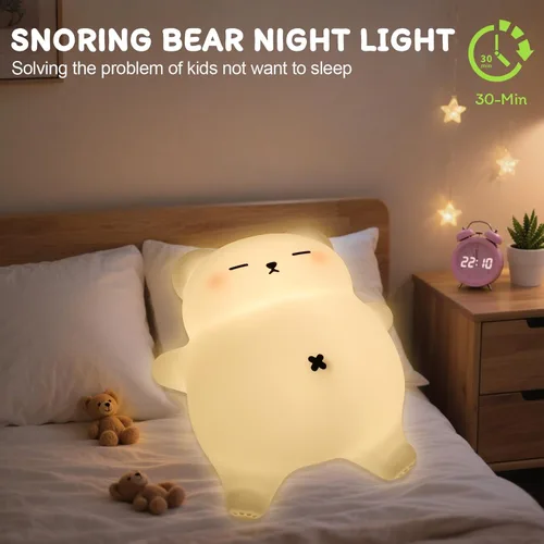 Miniatura 7 de Luz nocturna de oso para guardería, lámpara de noche de bebé recargable de silicona suave con atenuación de 3 niveles, control táctil, temporizador
