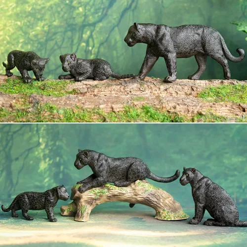 Miniatura 9 de Toymany 7 Piezas Figuras de Panteras Negras con Cachorro de Pantera y Tronco de Árbol, Figuras Realistas de Animales de la Selva Juego Familiar