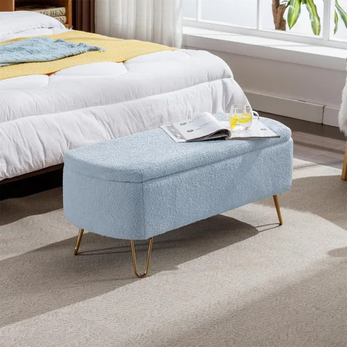Miniatura 9 de Polibi Banco de almacenamiento, banco otomano de piel sintética con patas doradas, acolchado tapizado con almacenamiento para lado de la cama, Azul