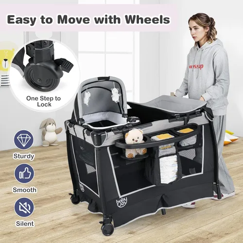 Miniatura 8 de BABY JOY Paquete y juego 5 en 1, corralito portátil para bebé con moisés y cambiador de pañales, bolsa, moisés infantil, centro de actividades