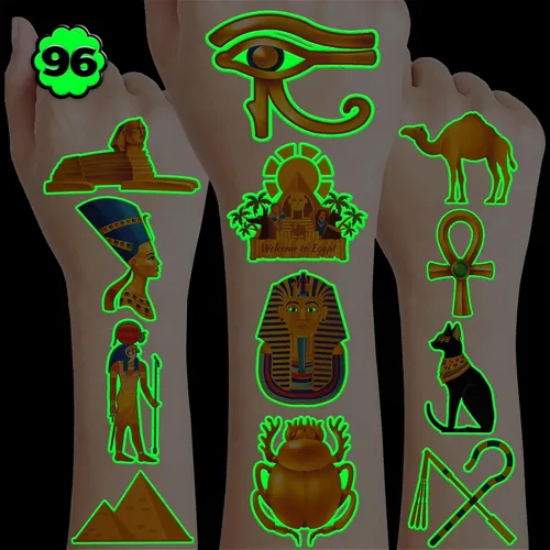 96 piezas de tatuajes temporales precortados del antiguo Egipto que brillan en la oscuridad, decoración de fiesta de cumpleaños, suministros de