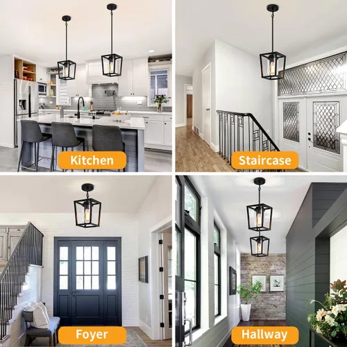 Miniatura 2 de Paquete de 2 luces colgantes negras para isla de cocina, lámparas colgantes de granja con pantalla de vidrio, iluminación moderna para isla