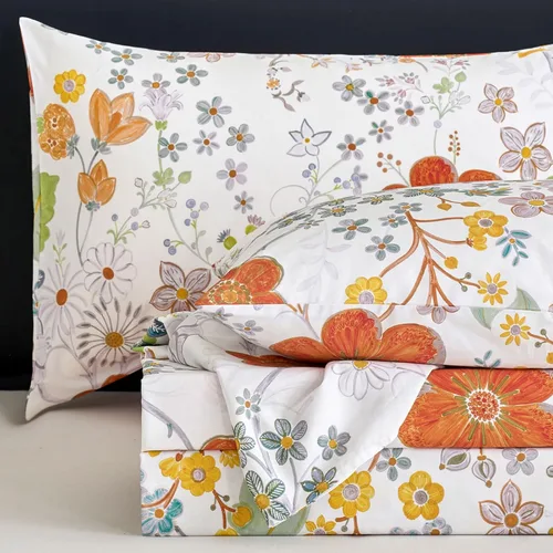 Miniatura 33 de Zusbest Juego de sábanas florales de 100 % algodón percal, color naranja y amarillo, juego de sábanas suaves y transpirables con diseño botánico