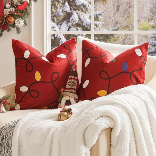 Miniatura 2 de jinchan Fundas de almohada navideñas de 20 x 20 pulgadas, fundas de almohada rojas navideñas con estampado de luces de cascabel, decoración
