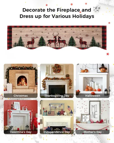 Miniatura 6 de Bufanda de manto de 70 x 17 pulgadas, diseño de ciervo y árbol de Navidad verde, para chimenea, mantel y mantel de chimenea, camino para Navidad