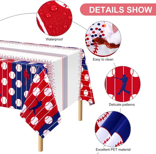 Miniatura 3 de durony Mantel de béisbol de plástico para mesa de béisbol, suministros de fiesta temática de béisbol, mantel rectangular impermeable para decoración