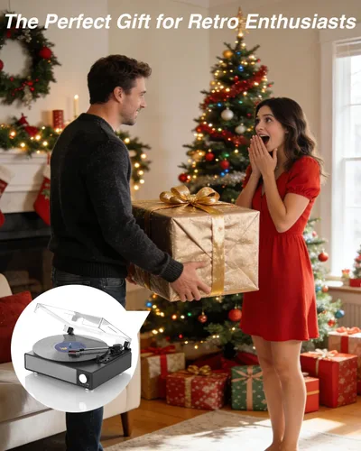 Miniatura 7 de MONODEAL - Tocadiscos de vinilo con altavoces, tocadiscos de 3 velocidades para discos de vinilo con transmisor Bluetooth, parada automática, salida