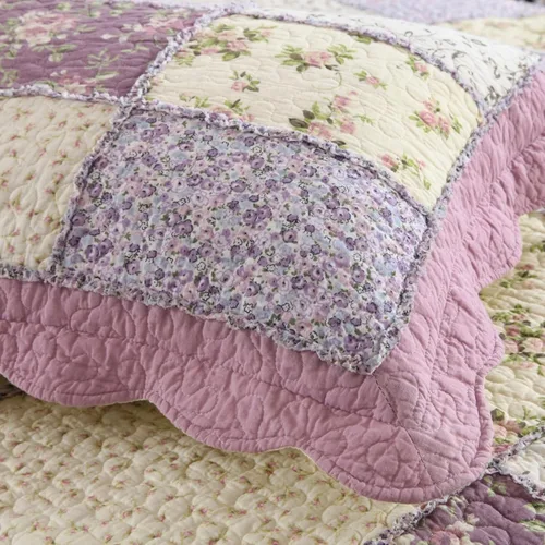 Miniatura 7 de ABREEZE Juego de edredón acolchado de algodón con diseño de retazos florales de rosas moradas, juego de colcha rústica de 3 piezas Rosa morada