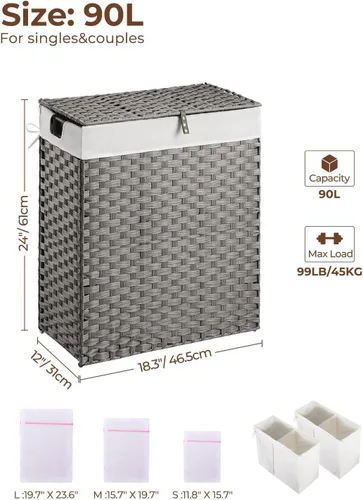 Miniatura 6 de Greenstell Cesta para la ropa sucia con 2 bolsas de forro extraíbles – Cesta de ropa dividida de 90 L, cesta de lavandería plegable de ratán Gris