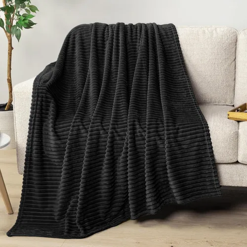 PAVILIA Manta de forro polar súper suave, manta de franela de felpa mullida, cálida y acogedora manta de microfibra acanalada para sofá o cama, Negro