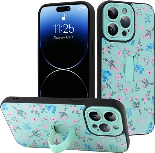 Miniatura 80 de Funda diseñada para iPhone 17 Pro Max con soporte plegable y correa para dedos, bonito patrón de lazo de corazón de flor rosa para mujeres y niñas