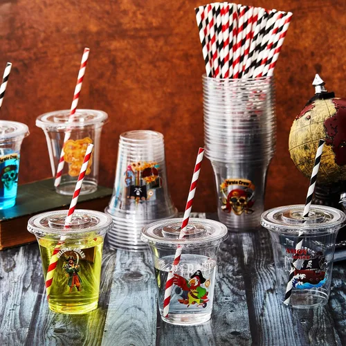 Miniatura 4 de Qinyoung Juego de 60 vasos de plástico pirata a granel de 14 onzas con temática del tesoro pirata, suministros de recuerdo para fiesta, café helado