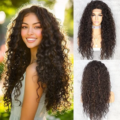 Miniatura 22 de SAPPHIREWIGS Pelucas de encaje frontal color marrón, sin pegamento, onda de agua, de encaje frontal sintético, para mujeres afrodescendientes