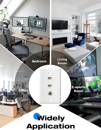 Miniatura 7 de Placa de pared coaxial Ethernet, 2 puertos Cat6 Keystone hembra a hembra, 1 puerto tipo F conector coaxial Keystone placa de pared - Blanco