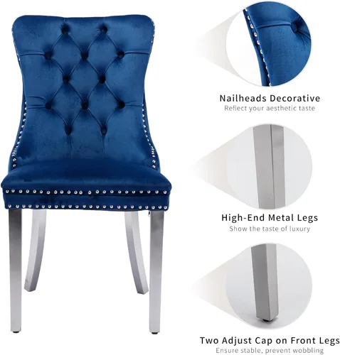 Miniatura 6 de ODUSE-DAILY - Juego de 2 sillas de cocina y comedor de terciopelo, con capitoné, tapizadas en terciopelo, patas de metal cromado (azul)