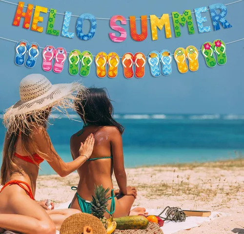 Miniatura 7 de Cartel de Hello Summer y colorido banner de verano hawaiano tropical playa piscina sandalias guirnalda banner verano vacaciones fiesta cumpleaños