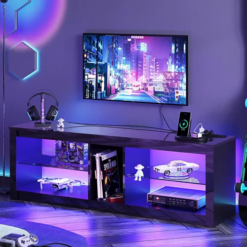 Miniatura 6 de Bestier Soporte de TV LED para TV de 55/60/65 pulgadas, centro de entretenimiento negro de alto brillo con toma de corriente y estantes ajustables